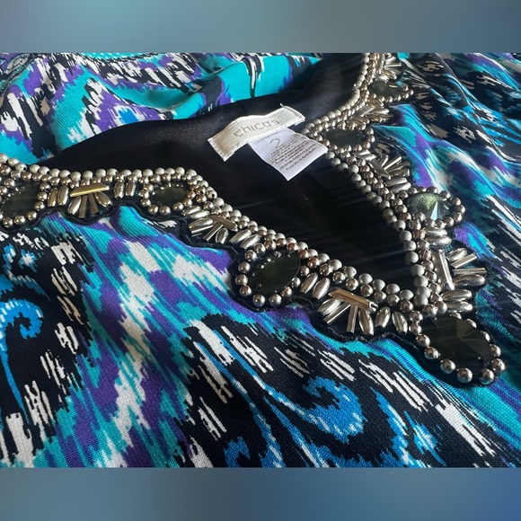 CHICO'S Embellished Neckline Lexi Blue Midi Dress Beaded V-Neck Size M / 12 Ikat - Picture 2 of 11